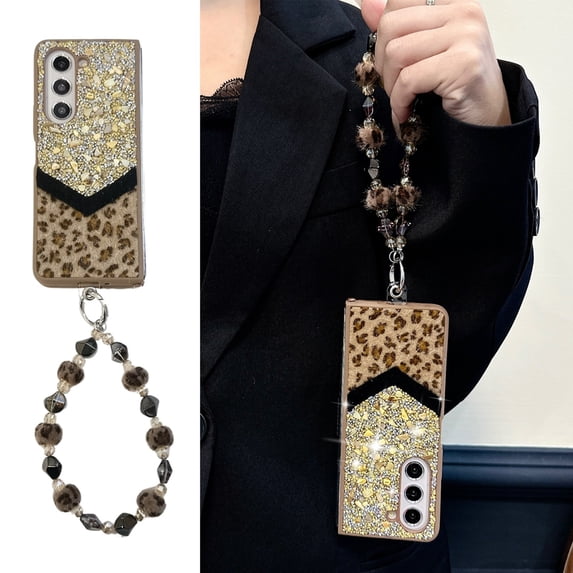 ELEHOLD for Samsung Galaxy Z Fold 6 Case, Women Girl Slim Hard PC Glitter Leopard Pattern Design Shock-Absorbent Protective Case with Lanyard for Samsung Galaxy Z Fold 6,Gold