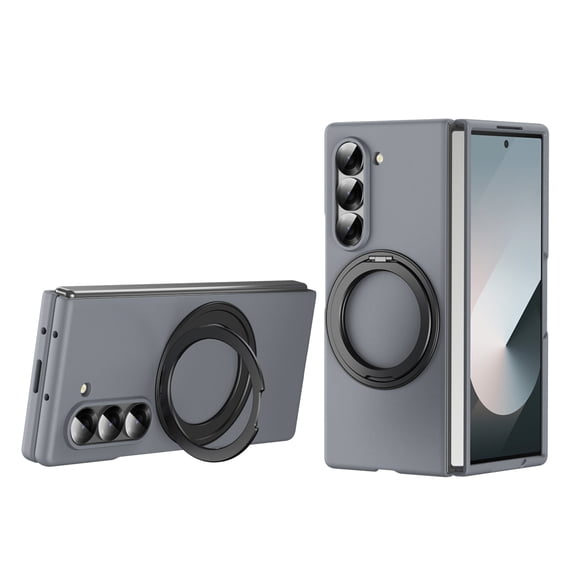 ELEHOLD For Samsung Galaxy Z Fold 6 Magnetic Ring Kickstand Shockproof Case Hinge Protection Cover, Built-in Screen Protector, 360° Rotable Stand, Adjustable Angle, Skin-Friendly Touch, Gray