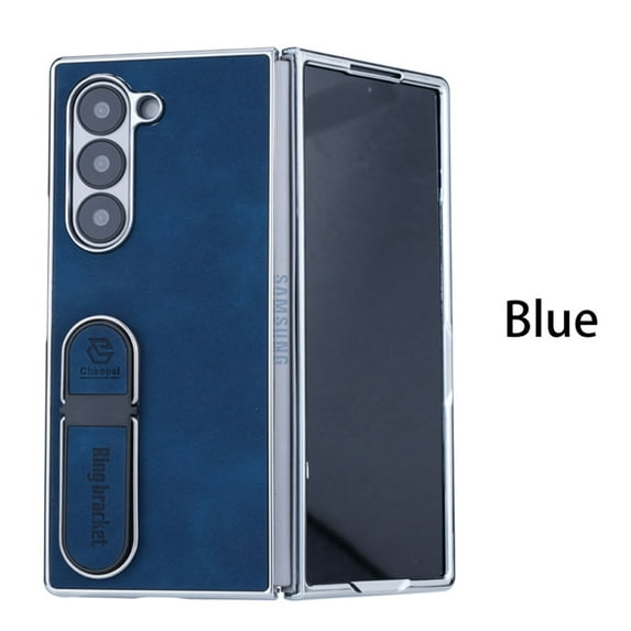 ELEHOLD For Samsung Galaxy Z Fold 6 Rugged Leather Case Hinge Protection Slim Ultra-Thin Leather Invisible Kickstand Shockproof Anti Scratch Hard Phone Phone Case Cover,Blue