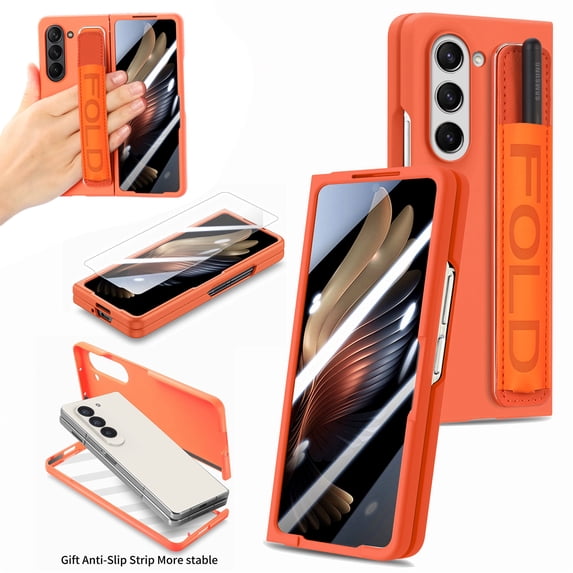 ELEHOLD for Samsung Galaxy Z Fold 6 Skin Case, Feel Matte Back Cover Hard PC Wristband Heavy Duty Shockproof Case with S Pen Holder & Screen Protector for Samsung Galaxy Z Fold 6,Orange