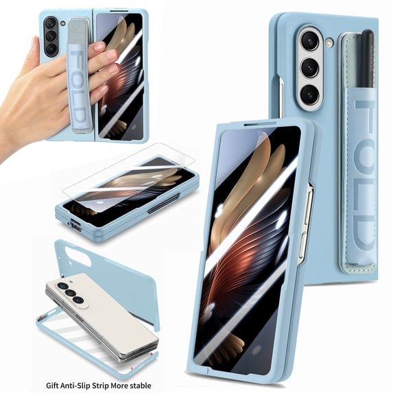 ELEHOLD for Samsung Galaxy Z Fold 6 Skin Case, Feel Matte Back Cover Hard PC Wristband Heavy Duty Shockproof Case with S Pen Holder & Screen Protector for Samsung Galaxy Z Fold 6,Skyblue
