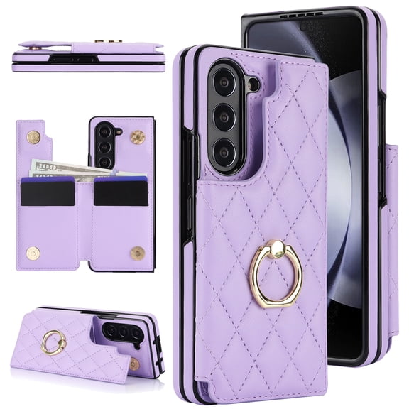 ELEHOLD for Samsung Galaxy Z Fold 6 Wallet Case,Luxury Premium Diamond Leather Rotatable Ring Credit Card Cash Slot Magnetic Clasp Kickstand Shockproof Protective for Samsung Galaxy Z Fold 6,Purple