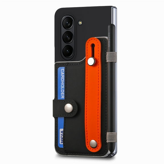 ELEHOLD for Samsung Galaxy Z Fold 6 Wallet Case with S Pen Holder & Stand,Built-in Screen Protector Strap Card Holder Back Cover Hard PC Shockproof Case for Men Women Girls,Black