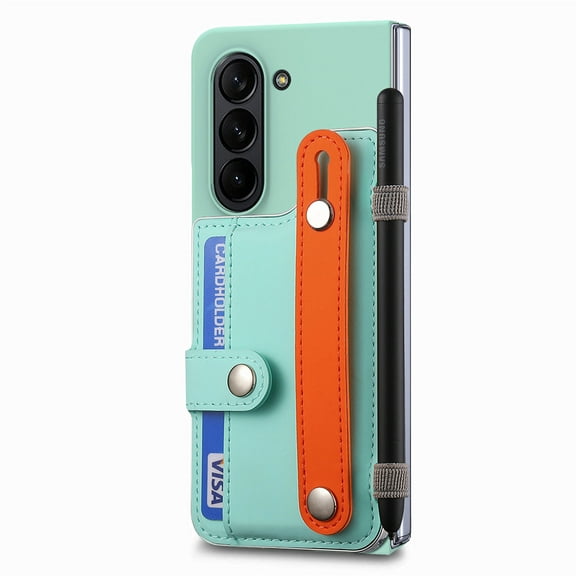 ELEHOLD for Samsung Galaxy Z Fold 6 Wallet Case with S Pen Holder & Stand,Built-in Screen Protector Strap Card Holder Back Cover Hard PC Shockproof Case for Men Women Girls,Mint
