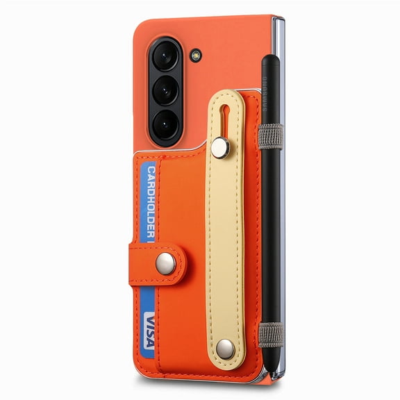 ELEHOLD for Samsung Galaxy Z Fold 6 Wallet Case with S Pen Holder & Stand,Built-in Screen Protector Strap Card Holder Back Cover Hard PC Shockproof Case for Men Women Girls,Orange