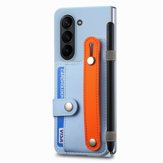 ELEHOLD for Samsung Galaxy Z Fold 6 Wallet Case with S Pen Holder & Stand,Built-in Screen Protector Strap Card Holder Back Cover Hard PC Shockproof Case for Men Women Girls,Skyblue