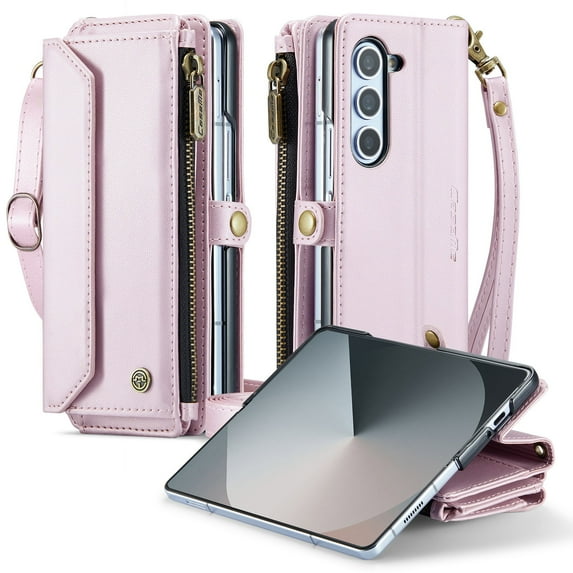 ELEHOLD for Samsung Galaxy Z Fold 6 Wallet Case,Support Wireless Charging PU Leather RFID Blocking Card Holder Kickstand Flip Shockproof Case with Crossbody/Wristlet Strap ,Pink