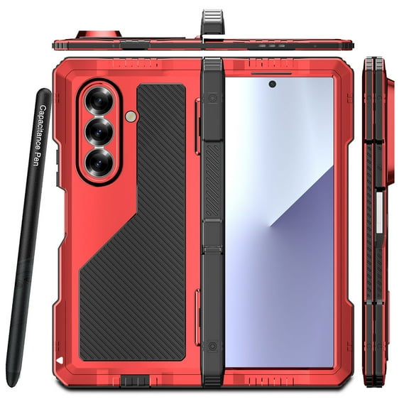ELEHOLD for Samsung Galaxy Z Fold 7 5G Heavy Duty Case with Stylus , Hybrid Metal Soft Silicone Military Shockproof Rugged Hinge Protection Case with Kickstand ,Red
