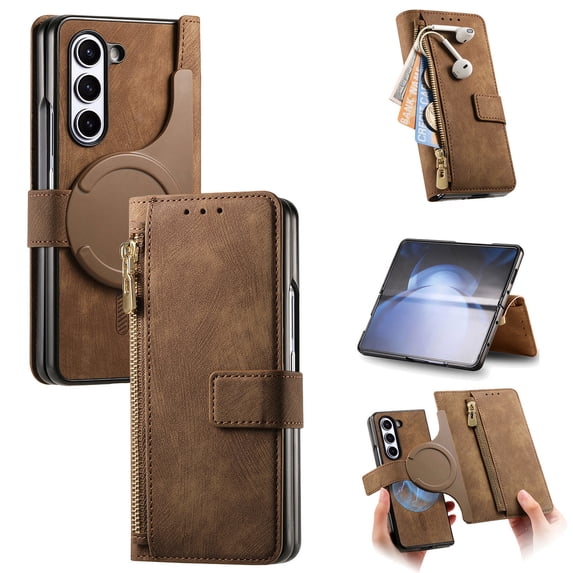 ELEHOLD for Samsung Galaxy Z Fold 7 Case, Detachable Magnetic Premium Flip Soft PU Leather Credit Card Slots RFID Blocking Kickstand Shockproof Protective Case for Samsung Galaxy Z Fold 7,Brown
