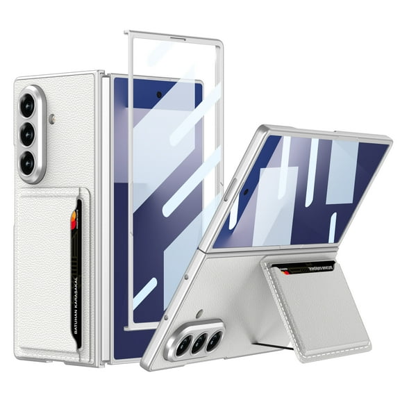 ELEHOLD For Samsung Galaxy Z Fold 7 Case with Front Screen Protector , Leathe Kickstand Card Holder Shockproof Frame Cover Foldable Wallet Phone Case ,Silver
