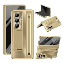 ELEHOLD for Samsung Galaxy Z Fold 7 Case Rugged Full Body with Built-in Screen Protector Hinge Protection Invisible Kickstand Metal Lens Protection Shockproof Anti-Scratch Case with Stylus Pen,Gold