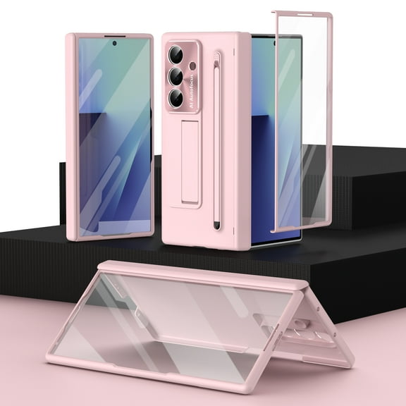 ELEHOLD For Samsung Galaxy Z Fold 7 Case with Screen Protector+ Stylus, Shockproof Foldable Kickstand Stylus Slot Rugged Anti-Scratch Protective Case Hinge Protection Cover , Pink