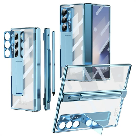 ELEHOLD for Samsung Galaxy Z Fold 7 Case, Ultra Slim Clear Plating Hinge Protection Pen Holder Kickstand Full Body Phone Case with Screen Protector for Samsung Galaxy Z Fold 7,Blue