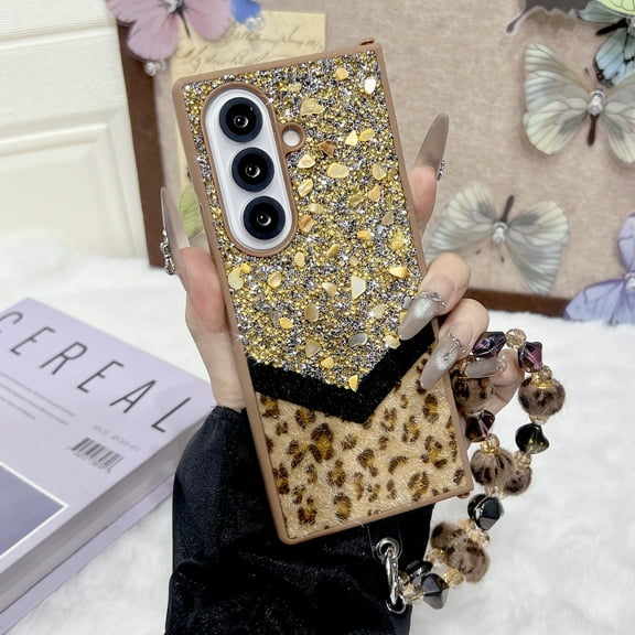 ELEHOLD for Samsung Galaxy Z Fold 7 Case, Women Girl Slim Hard PC Glitter Leopard Pattern Design Shock-Absorbent Protective Case with Lanyard for Samsung Galaxy Z Fold 7,Gold
