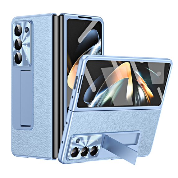 ELEHOLD For Samsung Galaxy Z Fold 7 Rugged Full Body Case,Premium Lychee Texture PU Leather Cover with Built-in Front Screen Protector Metal Foldable Kickstand Shockproof Phone Case , Blue