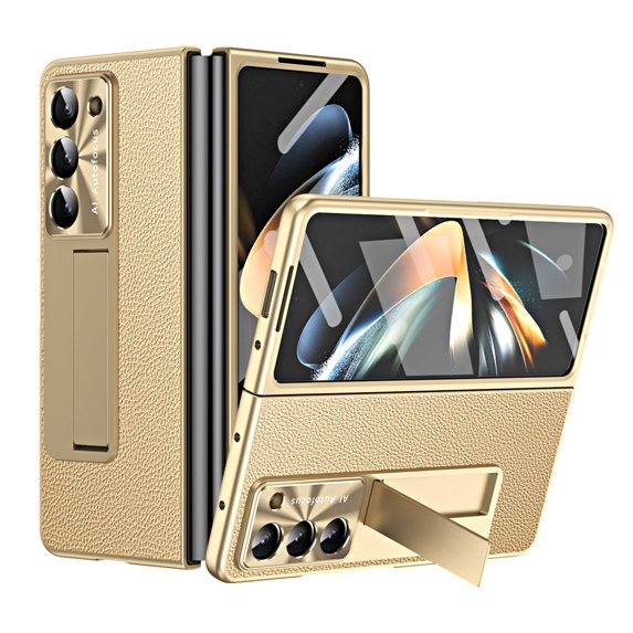 ELEHOLD For Samsung Galaxy Z Fold 7 Rugged Full Body Case,Premium Lychee Texture PU Leather Cover with Built-in Front Screen Protector Metal Foldable Kickstand Shockproof Phone Case , Gold