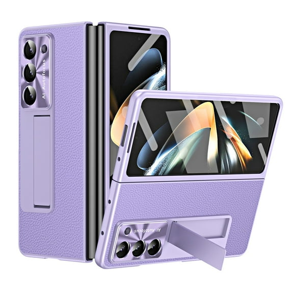 ELEHOLD For Samsung Galaxy Z Fold 7 Rugged Full Body Case,Premium Lychee Texture PU Leather Cover with Built-in Front Screen Protector Metal Foldable Kickstand Shockproof Phone Case , Purple