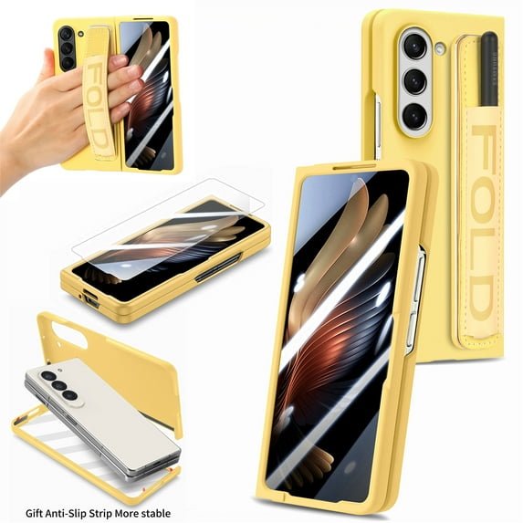 ELEHOLD for Samsung Galaxy Z Fold 7 Skin Case, Feel Matte Back Cover Hard PC Wristband Heavy Duty Shockproof Case with S Pen Holder & Screen Protector for Samsung Galaxy Z Fold 7,Yellow