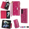 thumbnail image 1 of ELEHOLD for Samsung Galaxy Z Fold 7 Stylish Wallet Case,Bling Glitter Leather Zipper Pocket 9 Card Holders Stand Function Magnetic Clasp Detachable Lanyard Purse Case for Galaxy Z Fold 7, Rose, 1 of 10