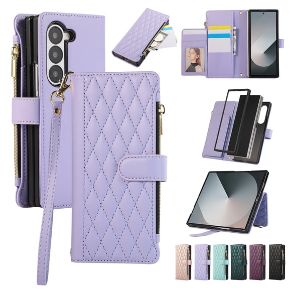 ELEHOLD For Samsung Galaxy Z Fold 7 Wallet Case, Card Slots Zipper Purse Luxury PU Leather Kickstand Full Body Shockproof Phone Cover with Shoulder/Wrist Strap for Samsung Galaxy Z Fold 7,Lightpurple