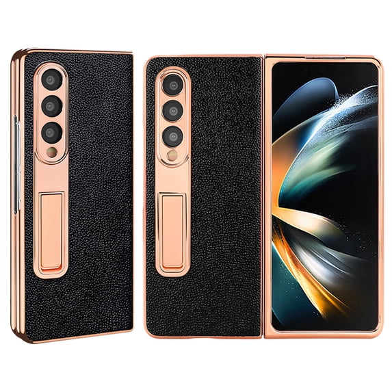ELEHOLD for Samsung Galaxy Z Fold4 2022 Plating Leather Case,with Built-in Screen Protector Hidden Bracket Kickstand Shockproof Case for Samsung Galaxy Z Fold 4 7.6 inch,Black