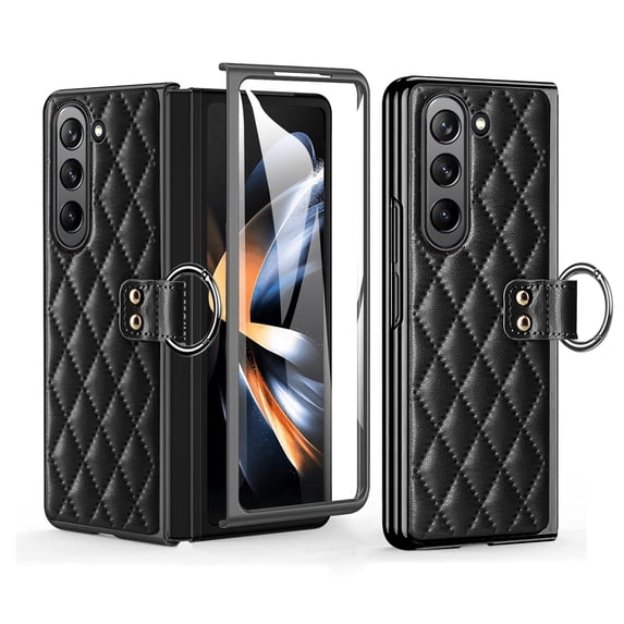ELEHOLD for Samsung Galaxy Z Fold5 2023 Leather Case,Elegant Luxury Plating Frame Shockproof Anti-Scratch Case with Ring Holder Built-in Tempered Glass Screen Protector for Galaxy Z Fold 5, Black