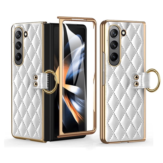 ELEHOLD for Samsung Galaxy Z Fold5 2023 Leather Case,Elegant Luxury Plating Frame Shockproof Anti-Scratch Case with Ring Holder Built-in Tempered Glass Screen Protector for Galaxy Z Fold 5, White