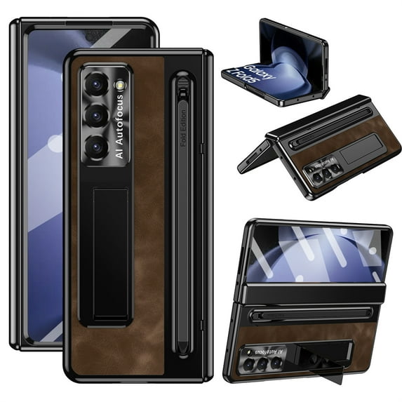 ELEHOLD for Samsung Galaxy Z Fold5 Luxury Case Vintage PU Leather Full Body Cover with Built-in Front Screen Protector Hinge Protection Invisible Stand Free Stylus Pen Soft Touch Z Fold5 Case,Coffee