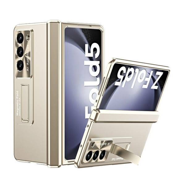 ELEHOLD for Samsung Galaxy Z Fold5 Luxury Hinge Case,Z Fold 5 Case with Built-in Screen Protector Magnetic Hinge Protection Invisible Kickstand Full Body Shockproof Anti-Scratch Case, Gold