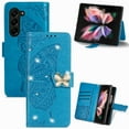 thumbnail image 1 of ELEHOLD for Samsung Galaxy Z Fold5 Wallet Case,Bling Diamond Butterfly Embossed Pattern Leather Wallet Cover Shockproof Magnetic Clasp Card Slots Kickstand Wriststrap Case for Women Girls,Blue, 1 of 14