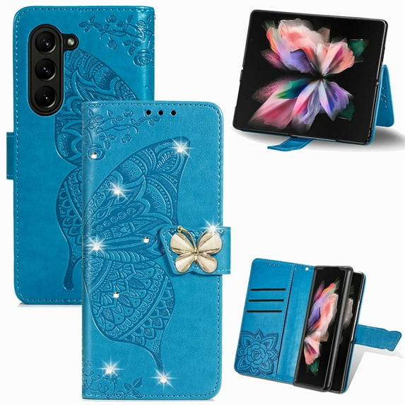 ELEHOLD for Samsung Galaxy Z Fold5 Wallet Case,Bling Diamond Butterfly Embossed Pattern Leather Wallet Cover Shockproof Magnetic Clasp Card Slots Kickstand Wriststrap Case for Women Girls,Blue