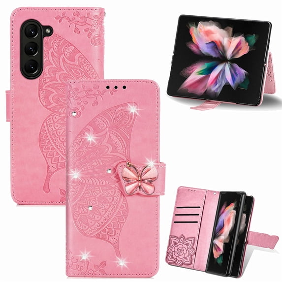 ELEHOLD for Samsung Galaxy Z Fold5 Wallet Case,Bling Diamond Butterfly Embossed Pattern Leather Wallet Cover Shockproof Magnetic Clasp Card Slots Kickstand Wriststrap Case for Women Girls,Pink