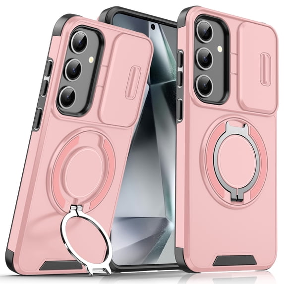 ELEHOLD for Samsung S22 Case, Compatible with Mag Safe Accessory Stand Magnetic Ring Holder Len Protective Cover Rugged Heavy Duty Protective Case Cover,Pink