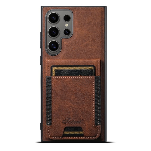 ELEHOLD for Samsung S23 Ultra Case, Compatible with Mag Safe Accessory, 2 in 1 Detachable Magnetic Card Holder Faux Lychee Pattern Leather Kickstand Wallet Case for Samsung S23 Ultra,Brown