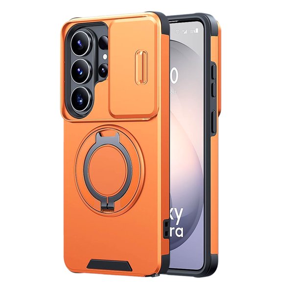 ELEHOLD for Samsung S26 Ultra Rugged Case, Compatible with Mag Safe Accessory Magnetic Ring Holder Stand Len Protective Cover Heavy Duty Protective Case ,Orange