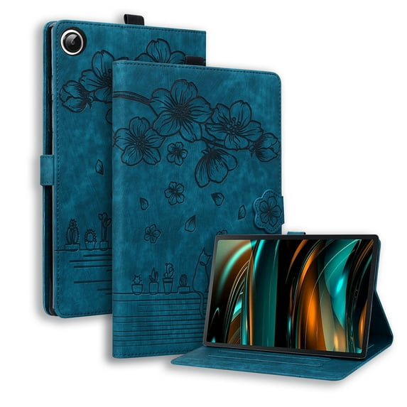 ELEHOLD for Samsung Tab A8 10.5" (2022) Leather Case,Embossed Flower Pattern Folio Flip Case Card Slots Kickstand Magnetic Clasp Shockproof Protective Case for Galaxy Tab A8 X200 X205 - Blue