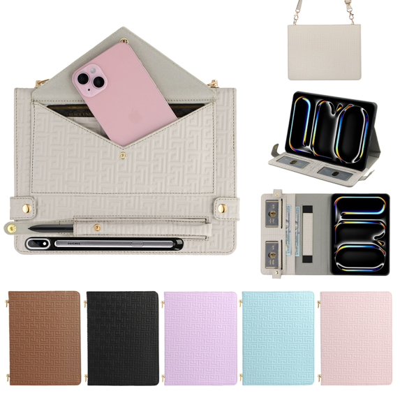 ELEHOLD for Samsung Tab S9Plus/S8Plus/S7Plus/S7FE Case, Soft PU Leather Pencil Holder Money Pocket Card Holder Kickstand S Pen Slot Shockproof Flip Cover with Shoulder Strap,Beige