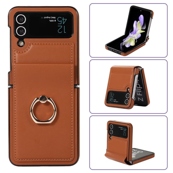 ELEHOLD for Samsung Z Flip 4 6.7 inch Slim Advanced Leather Texture Case, 360 Degree Rotatable Ring Buckle Magnetic Absorption Tempered Film Protection Shockproof Folding Case,Brown