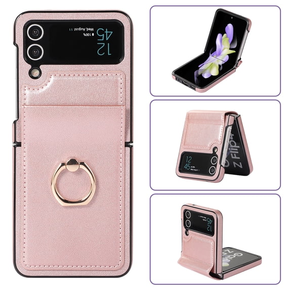 ELEHOLD for Samsung Z Flip 4 6.7 inch Slim Advanced Leather Texture Case, 360 Degree Rotatable Ring Buckle Magnetic Absorption Tempered Film Protection Shockproof Folding Case,Pink