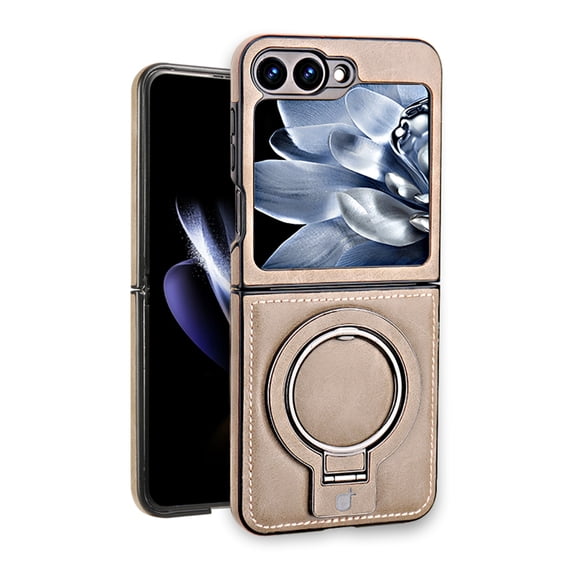 ELEHOLD for Samsung Z Flip 5 Case, Luxury Soft PU Leather Magnetic Invisible Ring Stand Military Drop Shockproof Non-Slip Protective Phone Case for Samsung Z Flip 5, Gray