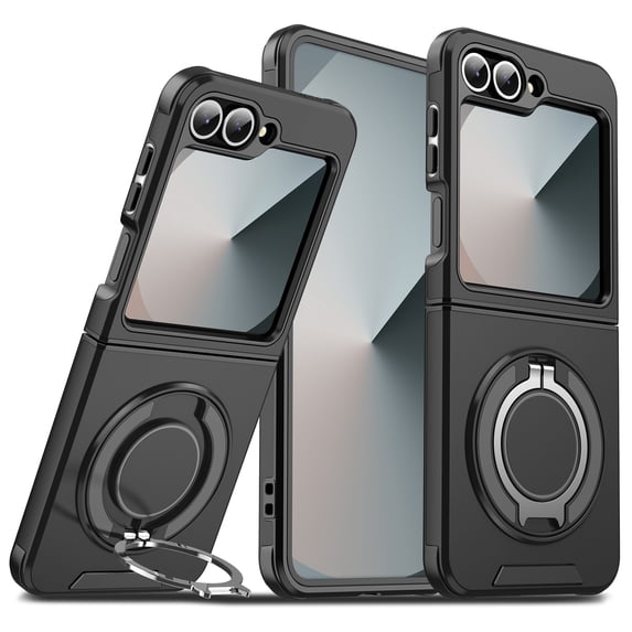 ELEHOLD for Samsung Z Flip 6 Case, Compatible with Mag Safe Accessory Stand Magnetic Ring Holder Len Protective Cover Rugged Heavy Duty Protective Case Cover,Black