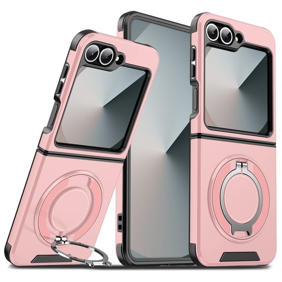 ELEHOLD for Samsung Z Flip 6 Case, Compatible with Mag Safe Accessory Stand Magnetic Ring Holder Len Protective Cover Rugged Heavy Duty Protective Case Cover,Pink