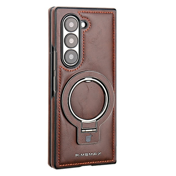 ELEHOLD for Samsung Z Fold 5 Case, Luxury Soft PU Leather Magnetic Invisible Ring Stand Military Drop Shockproof Non-Slip Protective Phone Case for Samsung Z Fold 5, Darkbrown