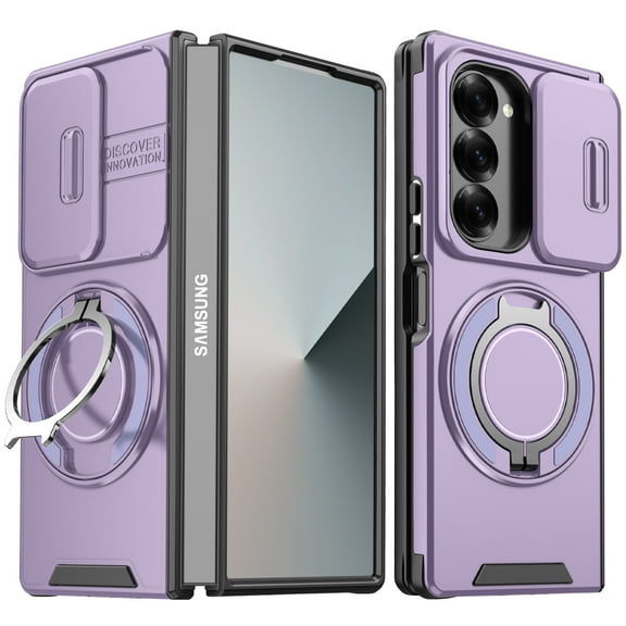 ELEHOLD for Samsung Z Fold 6 Case, Compatible with Mag Safe Accessory Stand Magnetic Ring Holder Len Protective Cover Rugged Heavy Duty Protective Case Cover,Purple
