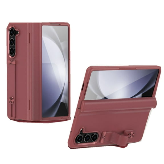 ELEHOLD for Samsung Z Fold 6 Case, Luxury PU Leather Adjustable Hand Strap Kickstand Full Body Shockproof Hinge Protective Cover Case with Screen Protector for Samsung Z Fold 6,Red