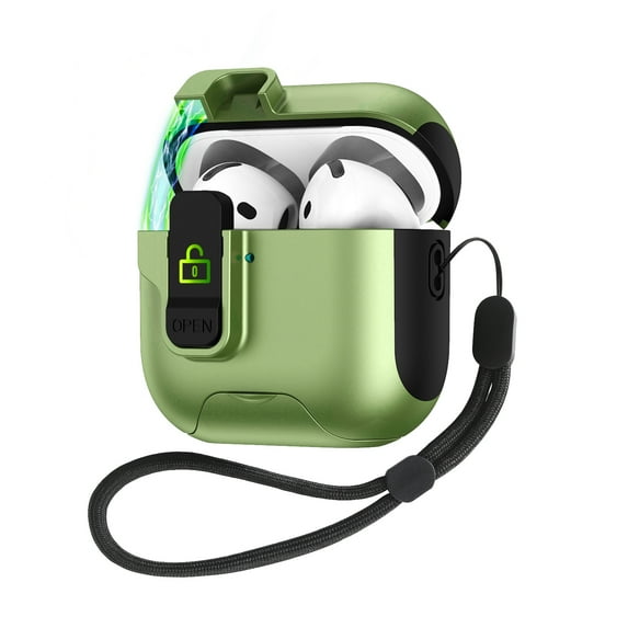 ELEHOLD Secure Lock AirPods Case with Stand For Airpods 2nd Gen / 1st Gen , Magnetic Closure Anti-Loss Strap Cute Color Design Shockproof Protective Cover Supports Wireless Charging,Armygreen