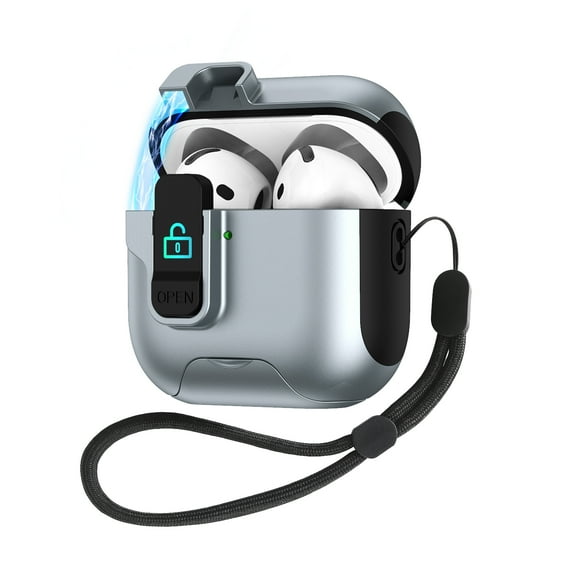 ELEHOLD Secure Lock AirPods Case with Stand For Airpods 4th Gen , Magnetic Closure Anti-Loss Strap Cute Color Design Shockproof Protective Cover Supports Wireless Charging,Gray