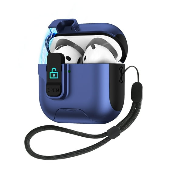 ELEHOLD Secure Lock AirPods Case with Stand For Airpods Pro (2019) , Magnetic Closure Anti-Loss Strap Cute Color Design Shockproof Protective Cover Supports Wireless Charging,Darkblue