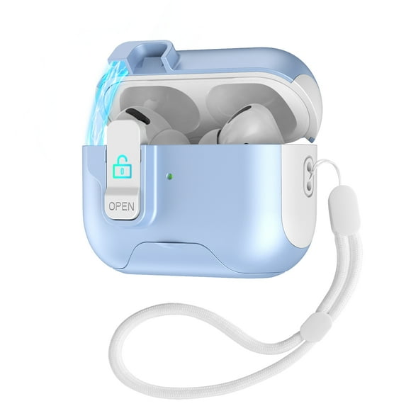 ELEHOLD Secure Lock AirPods Case with Stand For Airpods Pro 2nd Gen (2022) , Magnetic Closure Anti-Loss Strap Cute Color Design Shockproof Protective Cover Supports Wireless Charging,Whiteblue