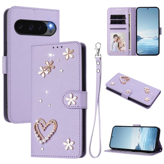 ELEHOLD Shock-Absorbent 3D Bling Diamond Pearl Decoration PU Leather Wallet Cell Phone Case with Wrist Strap for Google Pixel 10 /10 Pro, Purple
